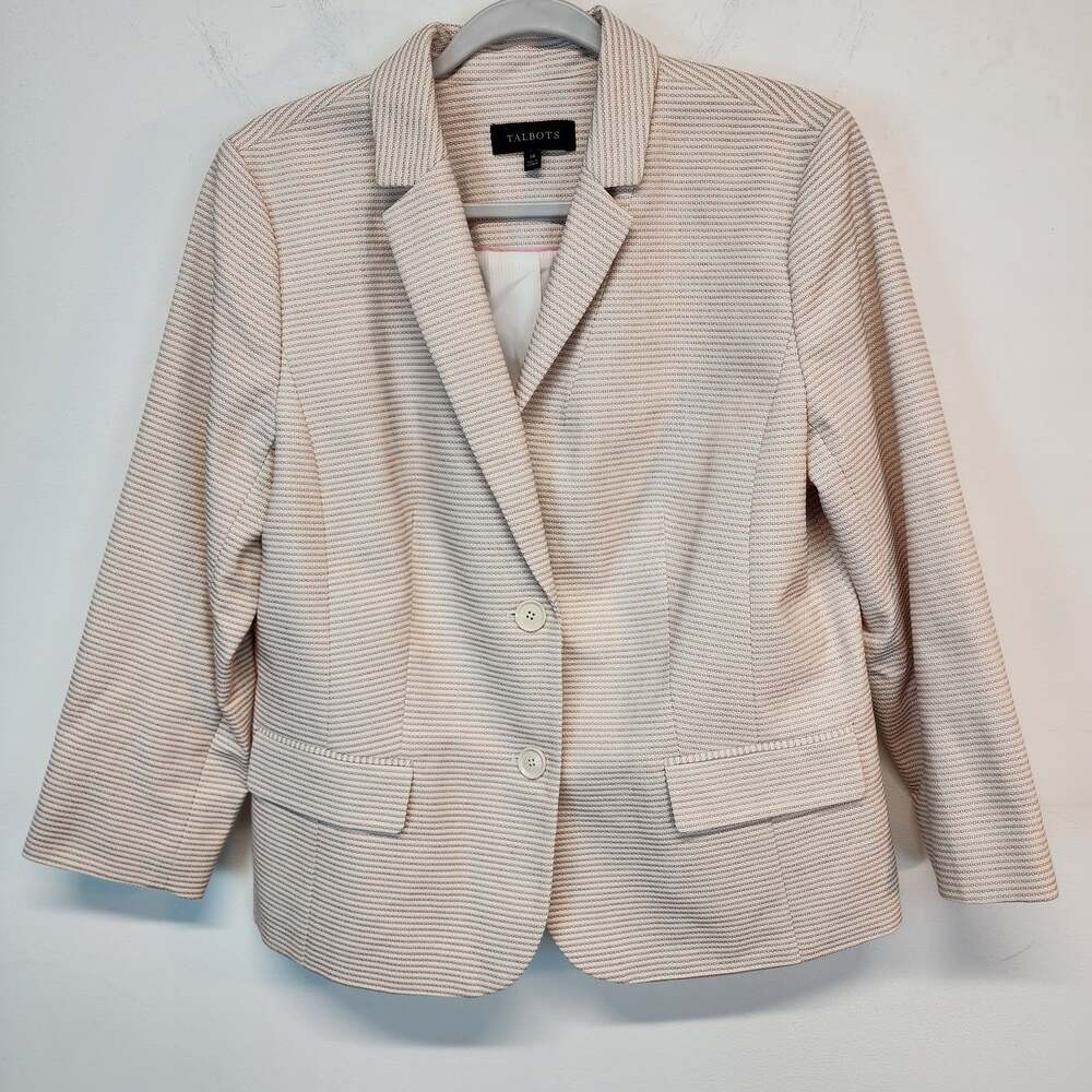 Talbots Womens Blazer Size 14 Cream Red Stripe Lady Jacket Texture Cotton Preppy